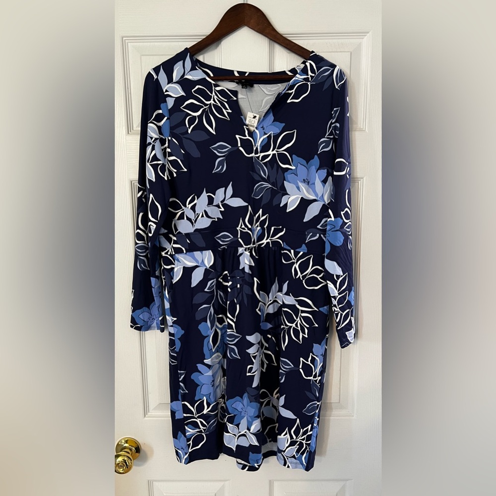 Talbots Navy and Light Blue Jersey Floral Dress